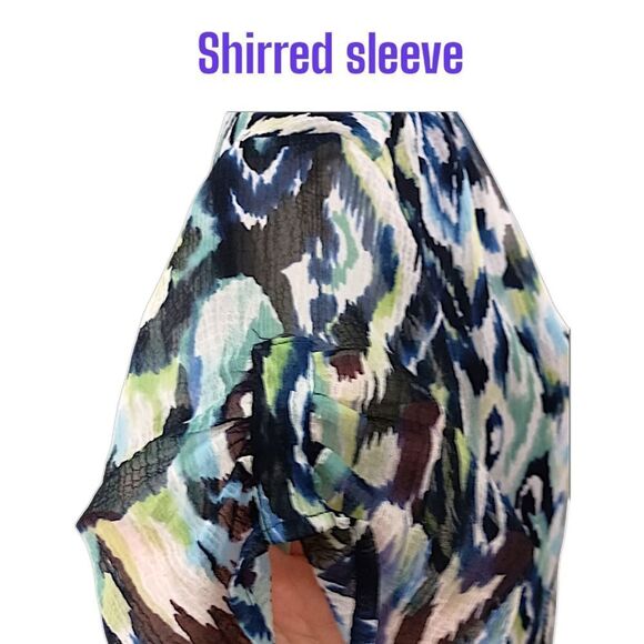 AVENUE Plus Size 2X 18 20 Button Down Blouse Ikat Short Shirred Sleeve Sheer - Picture 7 of 16